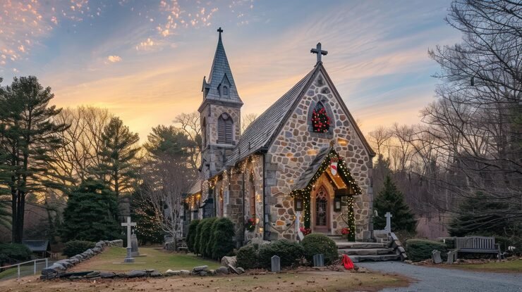 rustic stone church decorated christmas with wreath door lights around windows sunset 161754 49485