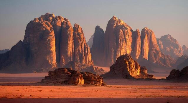 dramatic sandstone formations rise above a vast sun drenched desert landscape painted in warm golden hues photo